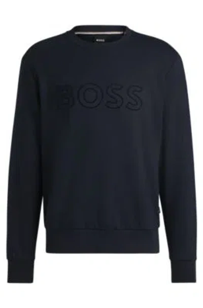 Hugo Boss Cotton-terry Sweatshirt With Flock-print Logo In Dark Blue