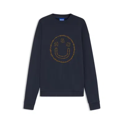 Hugo Boss Cotton-terry Sweatshirt With Happy Hugo Print In Blue