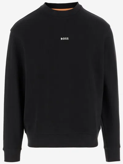 Hugo Boss Cotton Terry Sweatshirt With Logo In Black