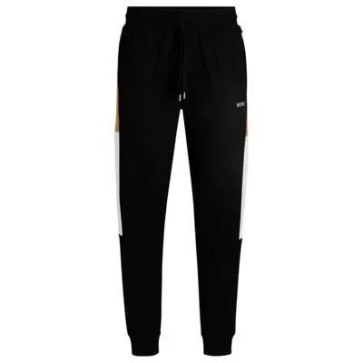 Hugo Boss Cotton-terry Tracksuit Bottoms With Contrast Side Panels In Black