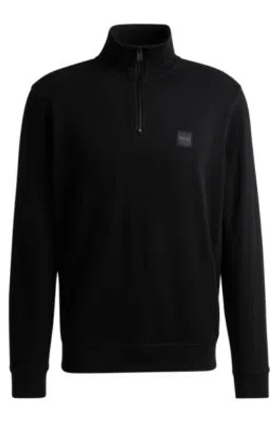 Hugo Boss Cotton-terry Zip-neck Sweatshirt With Logo Patch In Black