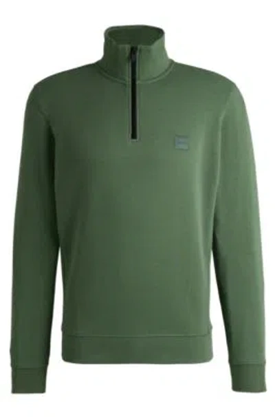 Hugo Boss Cotton-terry Zip-neck Sweatshirt With Logo Patch In Light Green