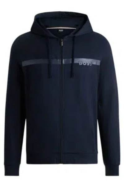 Hugo Boss Cotton-terry Zip-up Hoodie With Foil-print Logo In Dark Blue