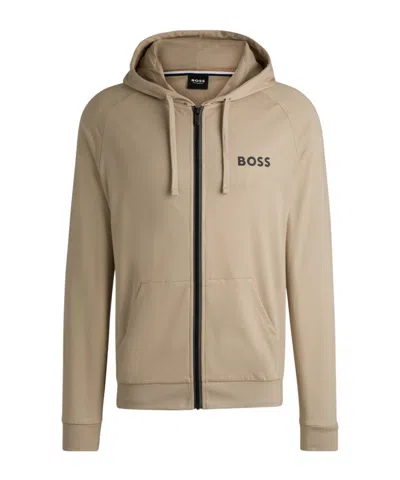 Hugo Boss Cotton-terry Zip-up Hoodie With Logo Print In Brown