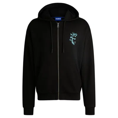 Hugo Boss Cotton-terry Zip-up Hoodie With Seasonal Artwork In Black