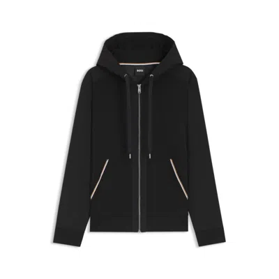 Hugo Boss Cotton-terry Zip-up Hoodie With Signature-stripe Trims In Black