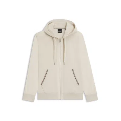 Hugo Boss Cotton-terry Zip-up Hoodie With Signature-stripe Trims In White