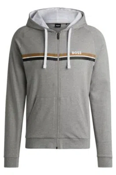 Hugo Boss Cotton-terry Zip-up Hoodie With Stripes And Logo In Grey