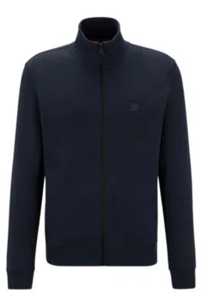 Hugo Boss Cotton-terry Zip-up Jacket With Logo Patch In Dark Blue