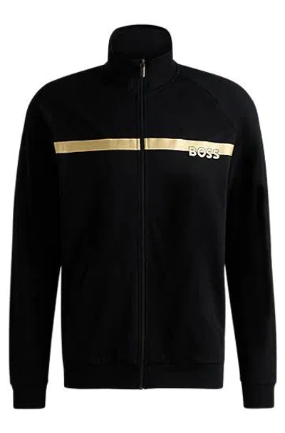 Hugo Boss Cotton-terry Zip-up Jacket With Metallic Logo In Black