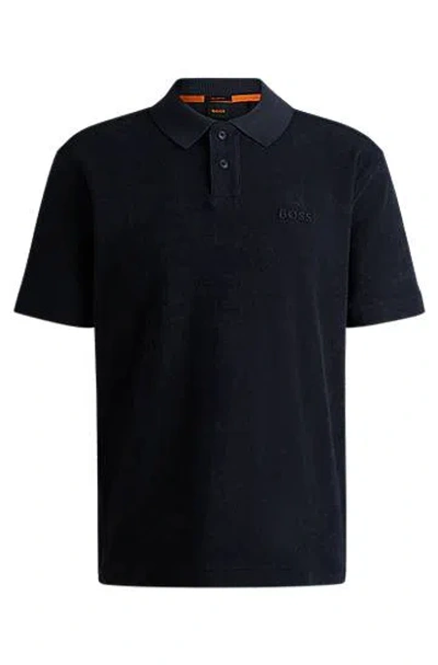 Hugo Boss Cotton-toweling Polo Shirt With Mixed-technique Logo In Dark Blue