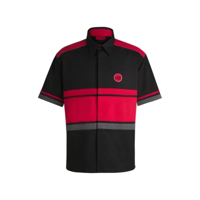 Hugo Boss Cotton-twill Shirt With Racing-inspired Block Stripes In Black