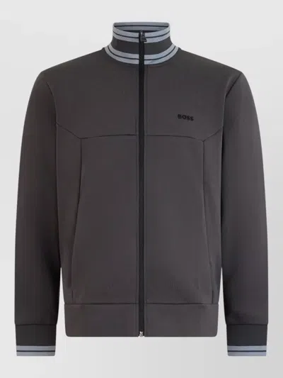 Hugo Boss Cotton Zip Hoodie High Collar Pockets In Brown
