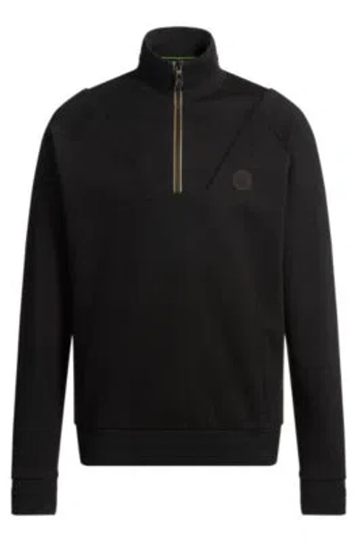 Hugo Boss Cotton Zip-neck Sweatshirt With Double B Monogram In Black