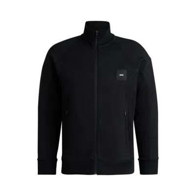Hugo Boss Cotton Zip-neck Sweatshirt With Double B Monogram In Blue