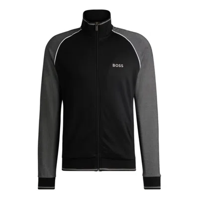 Hugo Boss Cotton Zip-up Jacket With Contrast Piping In Black