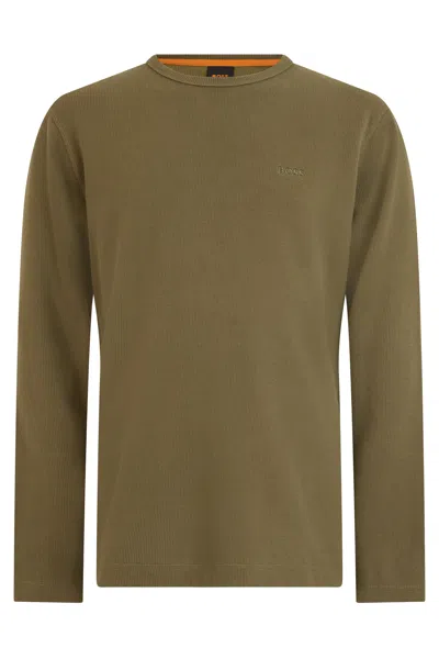 Hugo Boss Cotton-blend Crewneck Long-sleeve T-shirt In Green