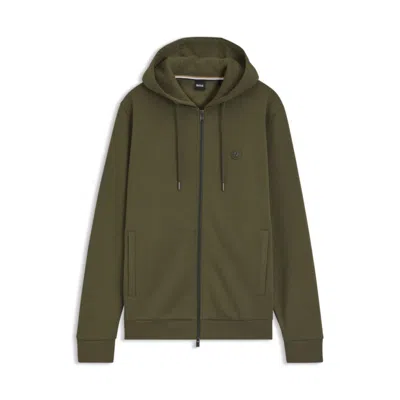 Hugo Boss Cotton-blend Zip-up Hoodie With Double B Monogram In Green