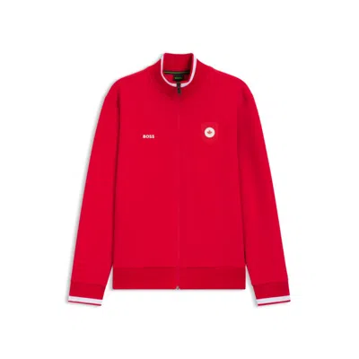 Hugo Boss Cotton-blend Zip-up Sweatshirt With Country-flag Badge In Red