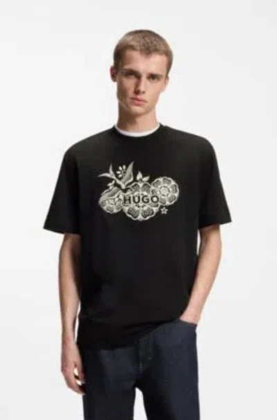 Hugo Boss Cotton-jersey T-shirt With Embroidered Artwork In Black