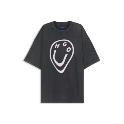 Hugo Boss Cotton-jersey T-shirt With Melted-effect Happy Hugo Print In Purple