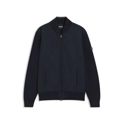Hugo Boss Cotton-knit Hybrid Jacket With Bomber Collar In Blue