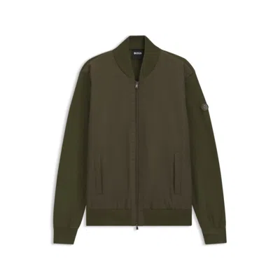 Hugo Boss Cotton-knit Hybrid Jacket With Bomber Collar In Metallic