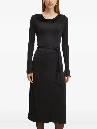 Hugo Boss Cowl-neck Tie Midi Dress In Black