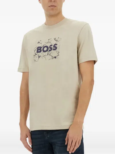 Hugo Boss Cotton-jersey T-shirt With Logo Artwork In Neutral