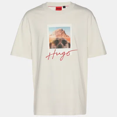 Pre-owned Hugo Boss Cream Jersey Logo Embroidered T-shirt L In White