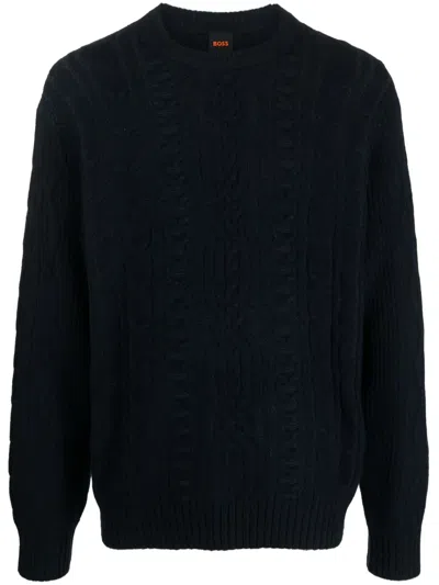 Hugo Boss Crew-neck Cable-knit Jumper In Blue