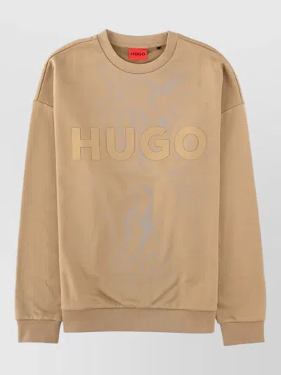 Hugo Boss Crew Neck Cotton Knit Casual Top In Gold