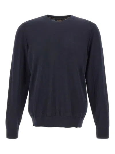 Hugo Boss Crew-neck Ribbed-hem Sweater In Blue