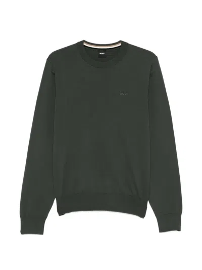 Hugo Boss Crew-neck Stripe Trim Knitted Sweater In Green