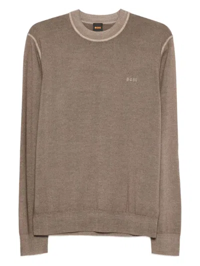 Hugo Boss Crew-neck Virgin-wool Sweater In Brown