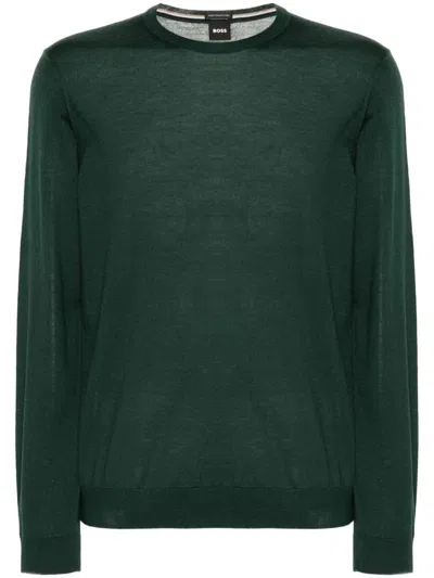Hugo Boss Crew-neck Virgin-wool Sweater In Green