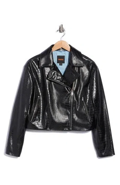 Hugo Boss Croc Embossed Faux Leather Moto Jacket In Black