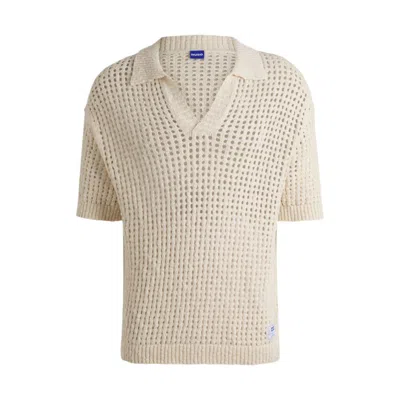 Hugo Boss Crochet Knit Polo In Cotton With Johnny Collar In White