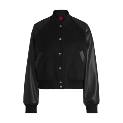 Hugo Boss Cropped Bomber Jacket With Faux-leather Sleeves In Black