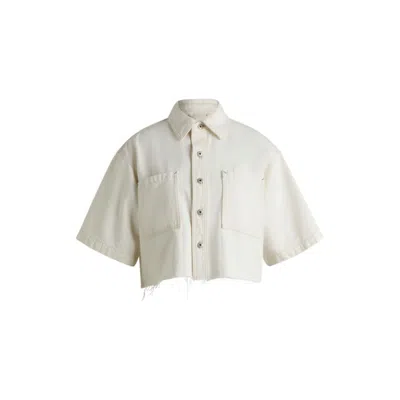Hugo Boss Cropped Ecru-denim Blouse With Raw Hem In Neutral