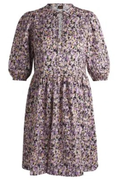 Hugo Boss Cropped-sleeve Dress In Hammered Satin With Seasonal Print In Patterned