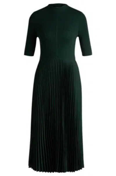 Hugo Boss Cropped-sleeve Dress With Pliss Skirt In Black
