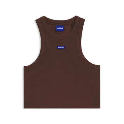 Hugo Boss Cropped Stretch-cotton Tank Top With Blue Logo Label In Brown