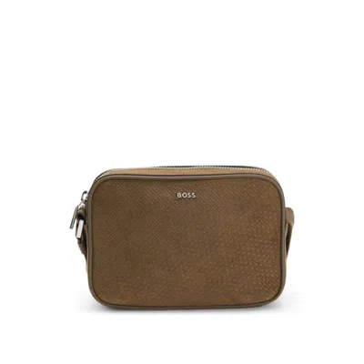 Hugo Boss Crossbody Bag In Monogram-embossed Suede In Red