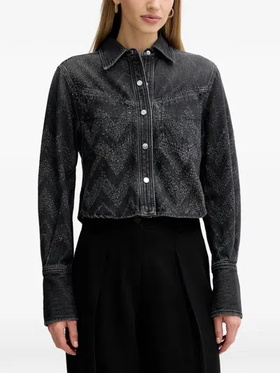 Hugo Boss Cropped Regular-fit Blouse In Crystal-embellished Denim In Black