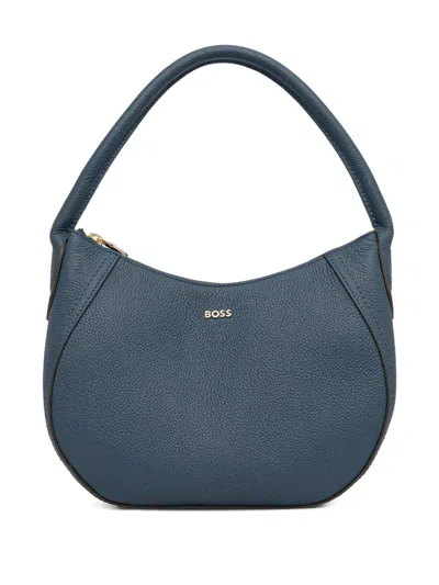Hugo Boss Curved Leather Shoulder Bag In Blue