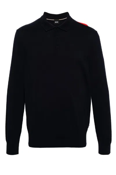 Hugo Boss Dark Blue Knit Sweater With Polo Collar
