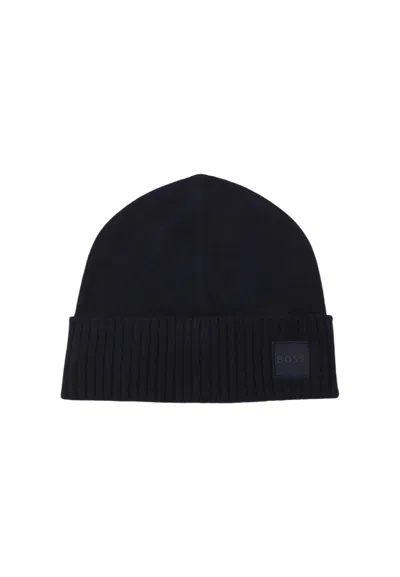 Hugo Boss Dark Blue Logo Beanie Cap In Black