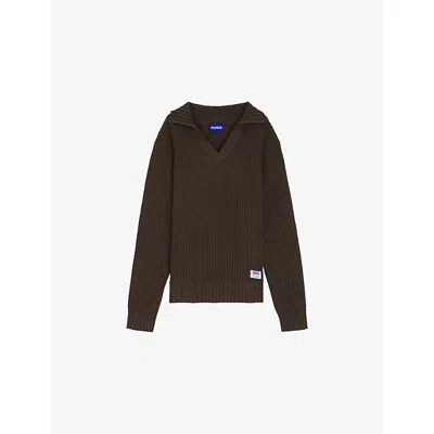 Hugo Boss Kids' Dark Brown Oversized Waffle-knit Polo Jumper Xl