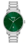 Hugo Boss Men's Dean Quartz Basic Calendar Silver-tone Stainless Steel Watch 41mm In Green